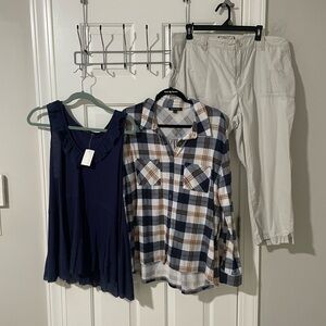 Navy Top and Plaid Shirt xl with Beige Carribean Joe capri  Pants 16